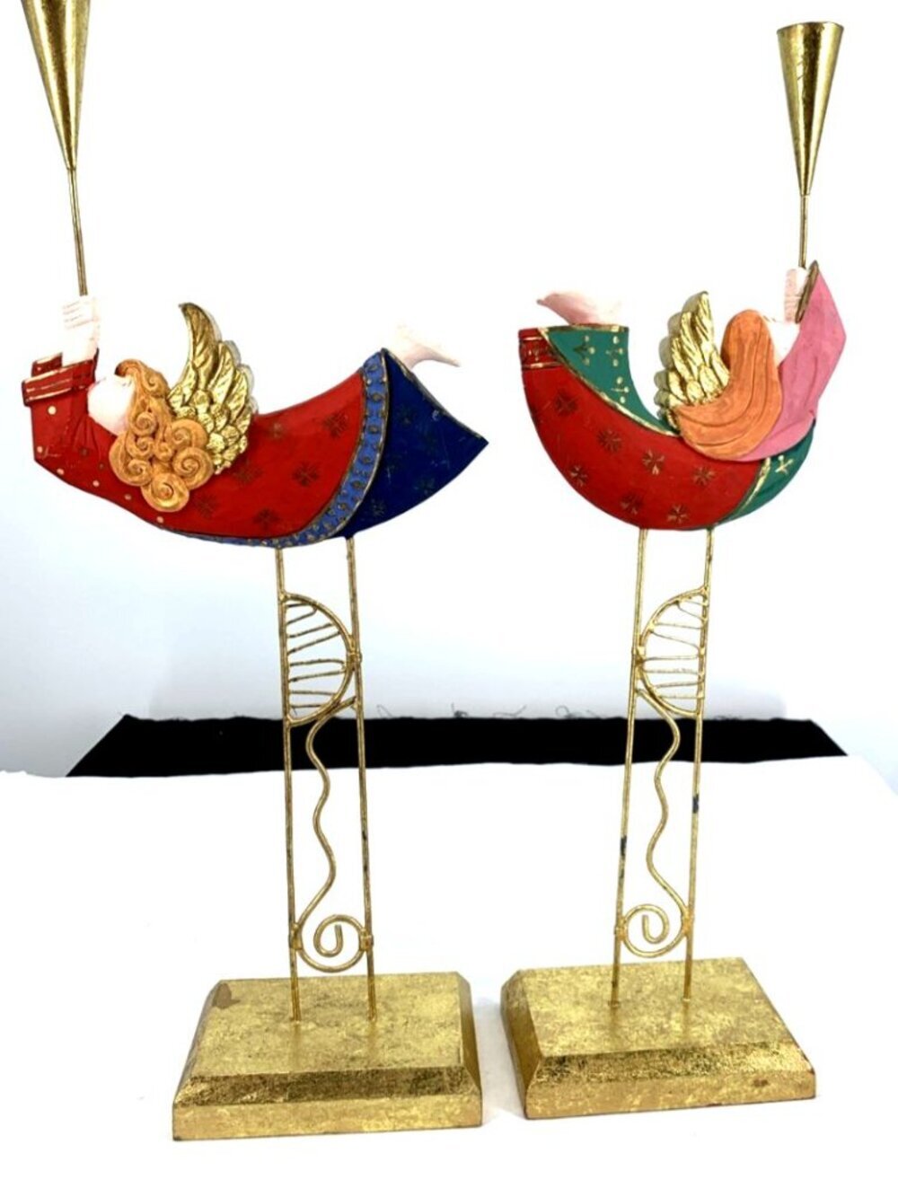 Dept 56 Christmas Angels Candlestick Holder Boho Colorful Gold 18" Lot of 2